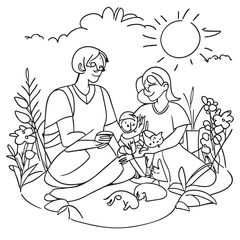 illustrate a family enjoying a picnic among wildflowers and farm animals, vector illustration line art