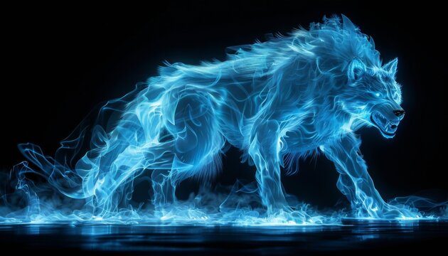 The 3D Werewolf is formed by indigo and blue Light. In the background in black color