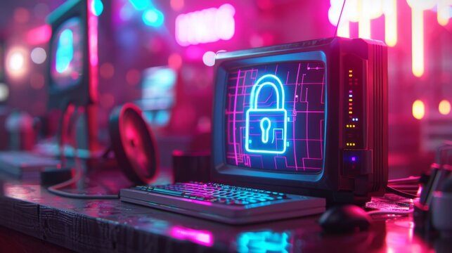 Vintage computer with a glowing cyber lock emblem on screen, neon lights, 80s synthwave vibe