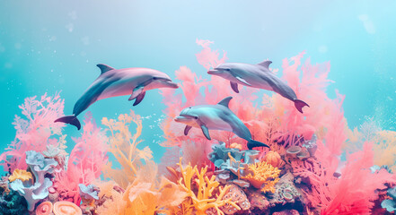 Fototapeta na wymiar Three dolphins gracefully swim among vibrant coral reefs under the blue-hued waters, depicting marine life beauty and ocean ecosystem diversity. Beautiful mammal in the sea.