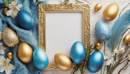 Fototapeta na wymiar frame background with gold and blue easter eggs with copy space for text