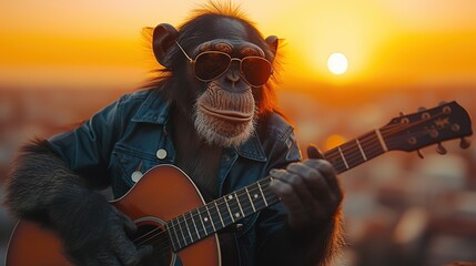 Chimpanzee monkey playing guitar - obrazy, fototapety, plakaty