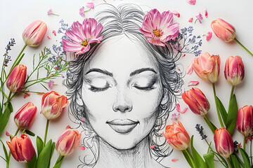 drawing woman with flowers, sweet romantic