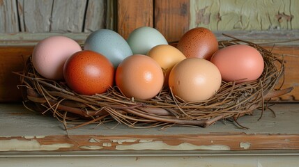 a nest of eggs sitting on top of a window sill in front of a wooden paneled window sill.