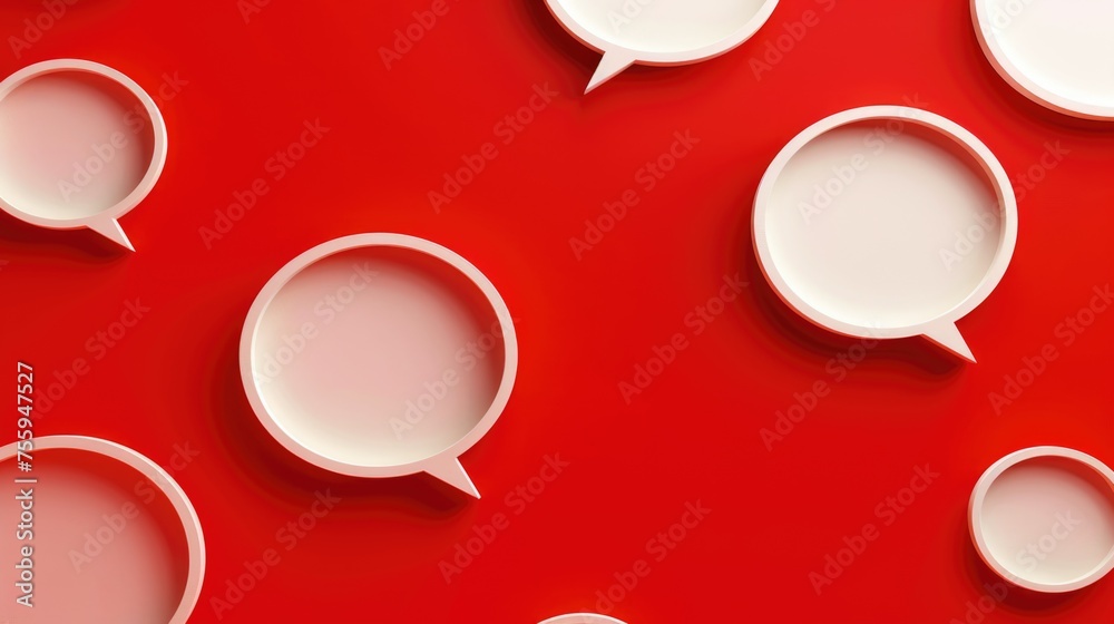 Poster a group of white speech bubbles on a vibrant red background. ideal for communication and social medi