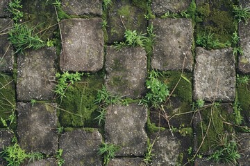 Close-up of a brick wall with plants growing out of it. Ideal for backgrounds and textures.