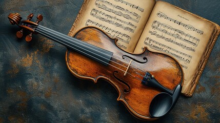 Vintage violin and old book with notes on dark background. Top view