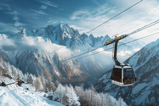 Cable car traveling over Chamonix in Mont Blanc area in France with the mountain panoramic view.
