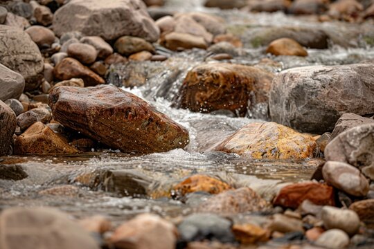 Boulders and rocks in fresh water stream at rural British Columbia in autumn time