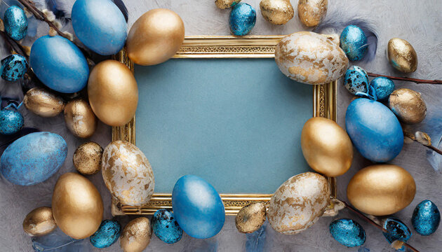 frame background with gold and blue easter eggs with copy space for text