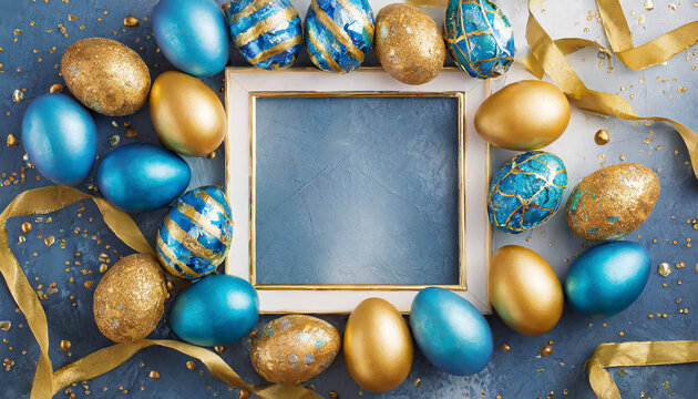 frame background with gold and blue easter eggs with copy space for text