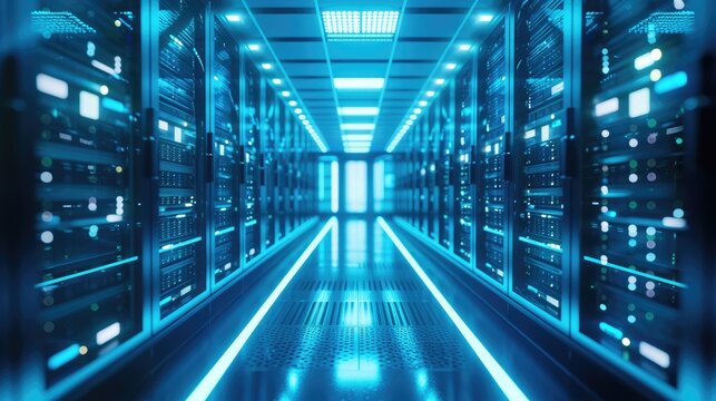 A parallel row of servers, adorned in electric blue, fills a technology-driven data center hallway with a symmetrical display of power and Azure technology. AIG41