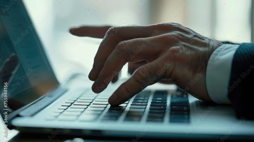 Poster close up of a person typing on a laptop, suitable for technology concepts.