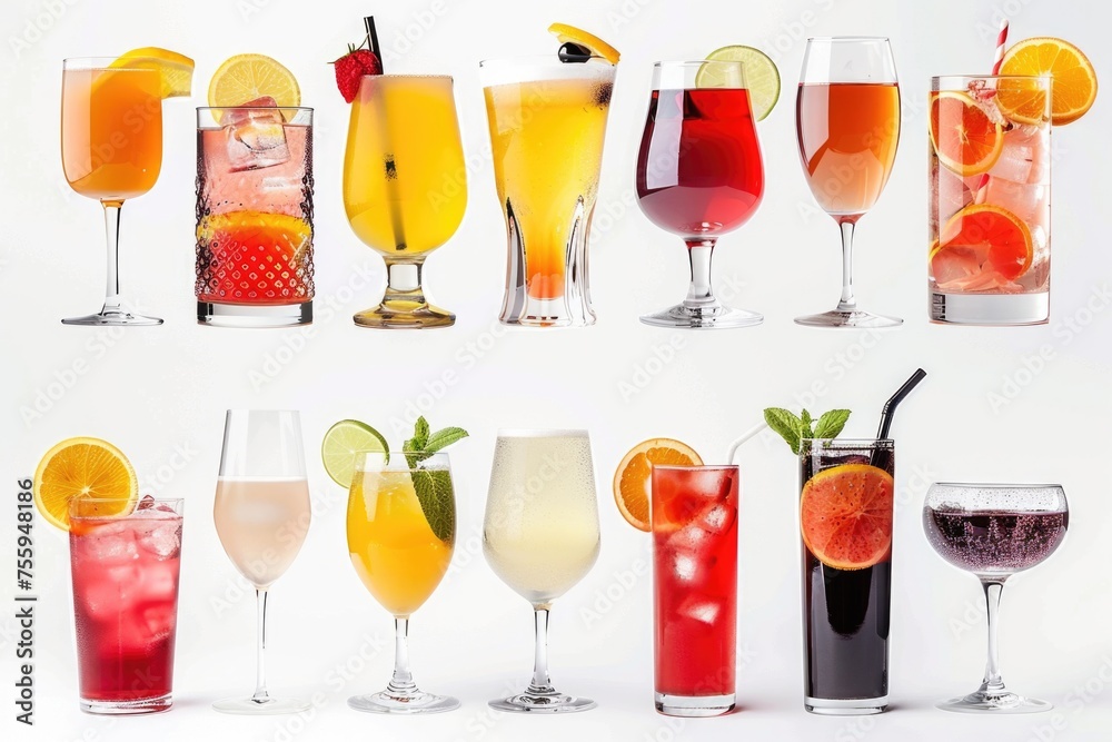 Poster different types of drinks in various glasses. perfect for menus or beverage advertisements.