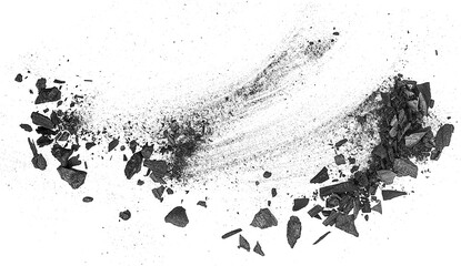 Black charcoal particles on a white background, top view. Activated charcoal pieces. - 755948353