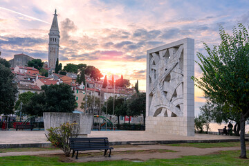 Monument to fallen fighters and victims of Fascist terror with Rovinj city view