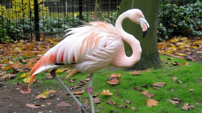 a pink flamingo standing next to a tree in a fenced in area with lots of leaves on the ground.