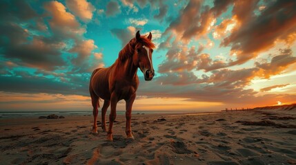 A majestic brown horse standing on a sandy beach. Perfect for nature and animal themes.