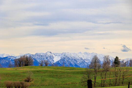 View of the Oberammergau Alps from a road near Uffing am Staffelsee in the district of Garmisch Partenkirchen in Bavaria on a sunny spring day with a blue sky