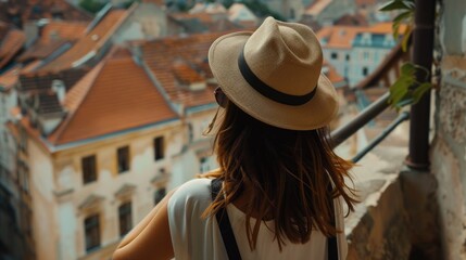 A woman in a stylish hat gazing at a cityscape, suitable for travel concepts.