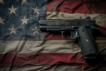Gun as symbol of american lifestyle and right to have a gun. Pistol on american flag background