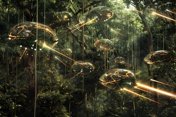 Hidden Robots Launching Surprise Attack. Craft an ultra-realistic image showing the moment camouflaged robots spring their ambush on unsuspecting targets in a lush, dense forest.