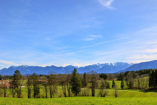 View of the Oberammergau Alps from a road near Uffing am Staffelsee in the district of Garmisch Partenkirchen in Bavaria on a sunny spring day with a blue sky