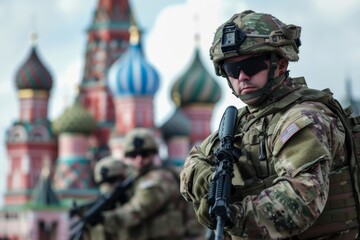 Fototapeta premium Soldiers standing in formation in front of a military building. Military actions on the territory of Moscow, Russia