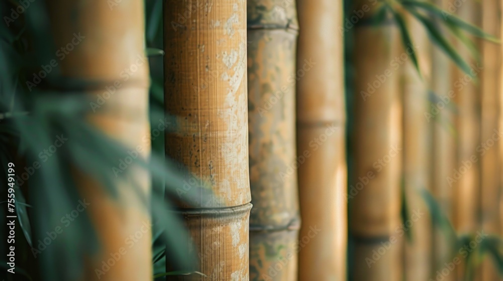 Poster close up view of a bunch of bamboo poles. ideal for backgrounds and textures.