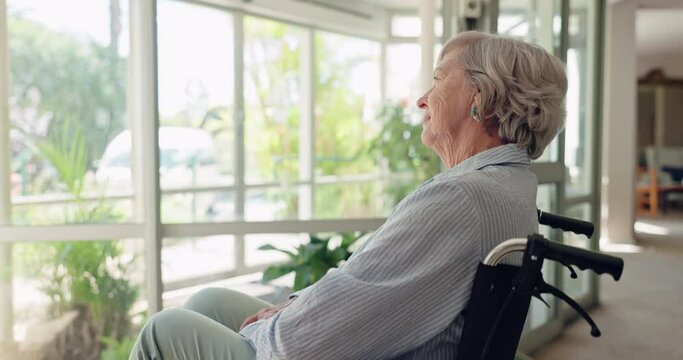 Nursing home, wheelchair and old woman with thinking, window or nostalgia with depression. Person with disability, senior lady or pensioner with idea or mental health with retirement, sad or remember
