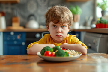 Unhappy small grumpy kid sitting in front of plate with healthy food in kitchen at home. Children healthcare concept