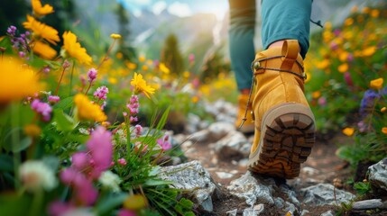 Fototapeta na wymiar Person Walking on Rocky Trail With Yellow Flowers