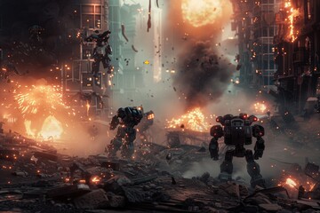 Ruined Cityscape Battle with Explosive Encounters. Generate a highly detailed, super-realistic portrayal of a battleground where robots duel amidst the downfall of civilization.