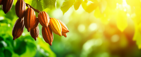 Cocoa pods, cacao tree blurred background with copy space - obrazy, fototapety, plakaty
