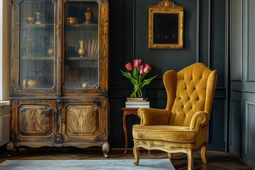 Interior with yellow chair and tulips, suitable for home decor.