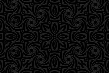 Embossed black background, unique cover design. Geometric 3D pattern, handmade. Ornaments, arabesques, boho style. Design and decor in the best traditions of the peoples of the East, Asia, India.