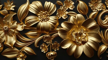 Close up of gold flowers on a black background. Ideal for luxury and elegant design projects.