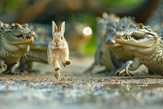 A fast baby rabbit running in front of a group of crocodile