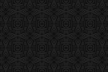 Embossed black background, fashionable cover design. Geometric 3D pattern, handmade. Ornaments, arabesques, boho style. Design and decor in the best traditions of the peoples of the East, Asia, India