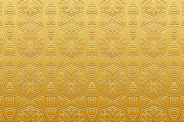 Embossed gold background, cover design. Geometric gold 3D pattern, handmade. Ornaments, arabesques, boho style. Design and decor in the best traditions of the peoples of the East, Asia, India, Mexico