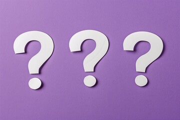 Three white question marks on a purple background.