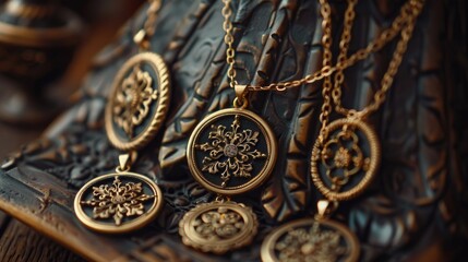 Close-up of assorted necklaces on a table, perfect for jewelry store promotions. - obrazy, fototapety, plakaty
