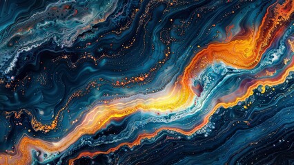 A vibrant, turbulent amalgamation of colors and forms. Swirls of teal, navy, and burnt orange intermingle with bursts of golden speckles, creating a cosmic, fiery scene.
