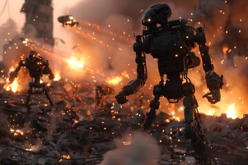 Fiery Clash in the City's Ruins.' Craft a super-realistic scene depicting an intense firefight between robots amidst the rubble of a once-thriving city.