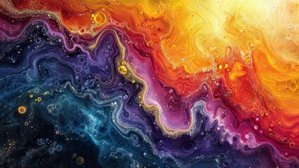 A captivating blend of fluid shapes and bubbles in a vibrant color palette ranging from deep purples and blues to fiery oranges and yellows.  - obrazy, fototapety, plakaty