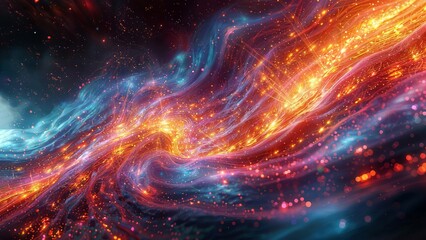A dynamic, ethereal cosmic landscape. It features sweeping curves and ribbons of glowing orange and blue energy, resembling the movement of celestial bodies or cosmic clouds.