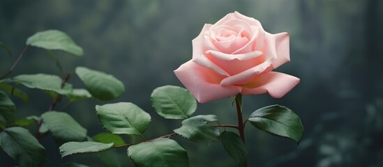 A beautiful pink rose with green leaves is captured in a closeup shot against a dark background, showcasing the delicate petals of this flowering plant from the Rose family