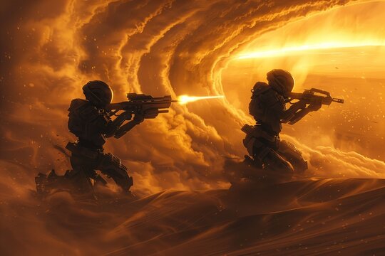 Futuristic Robots in Sandstorm Standoff at Dusk.' Craft a vivid, ultra-realistic image that depicts two robots, locked in a silent duel, their rifles at the ready, as a sandstorm rages around them.