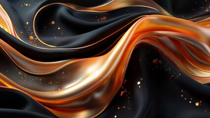 A series of undulating, wave-like forms in shades of orange, black, and light gray. These forms create a sense of fluid motion, resembling the flow of molten material or smoke.  - obrazy, fototapety, plakaty