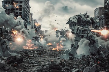 Robots Warfare Amidst Urban Decay.' Create an ultra-realistic image of robots locked in a fierce exchange of fire, set against the backdrop of a crumbled urban landscape.